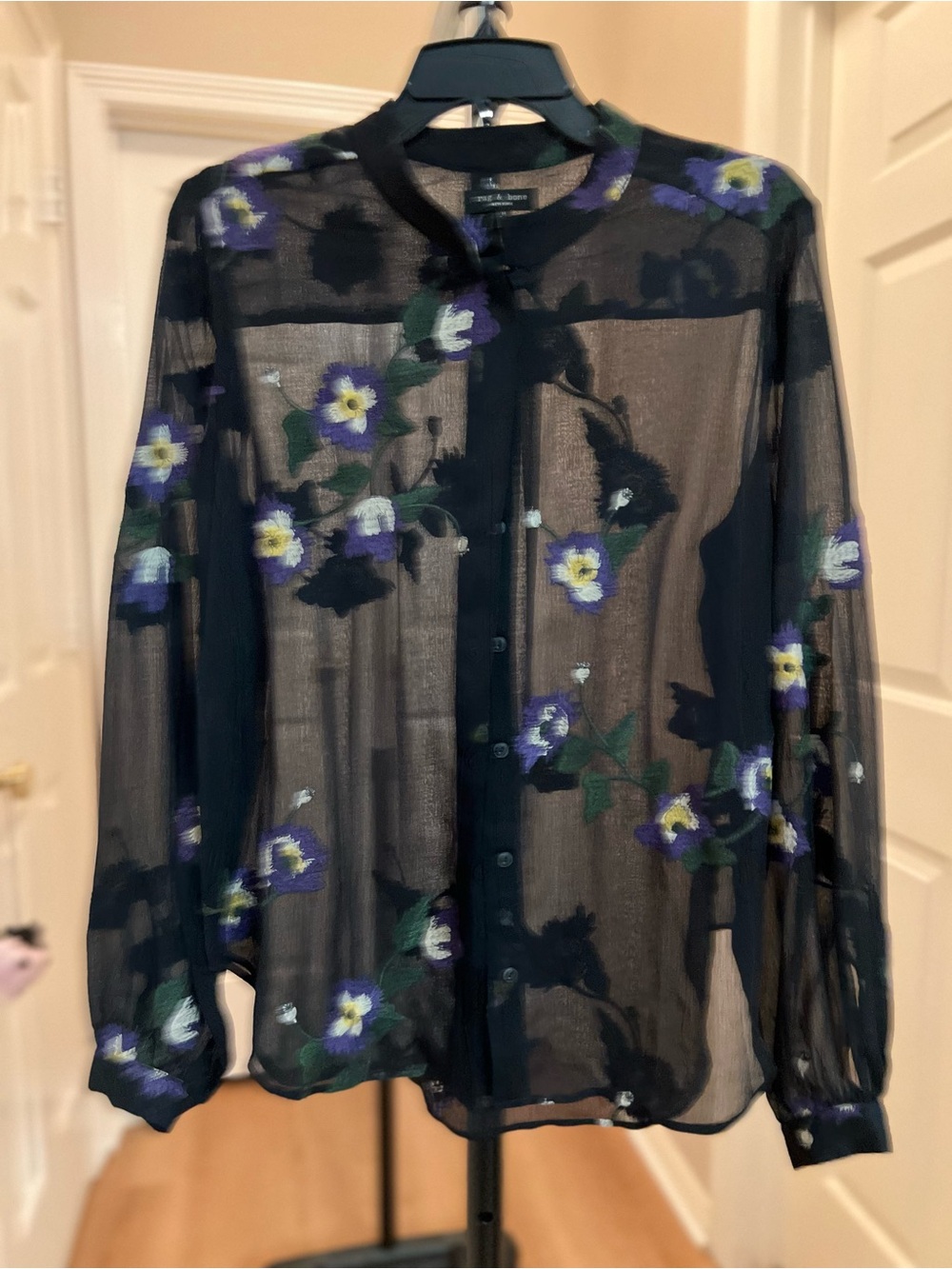 rag & bone Sheer Black Blouse with Purple Floral Embroidery